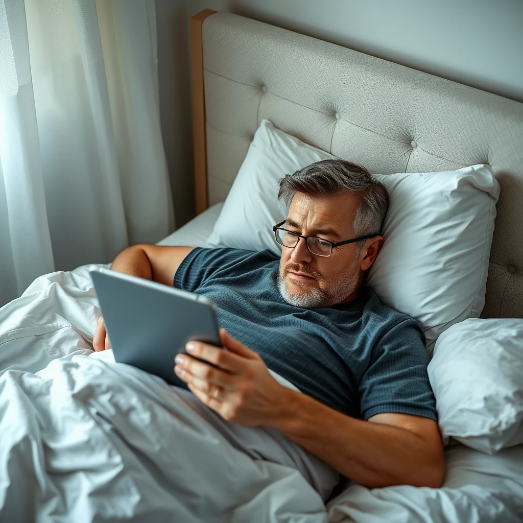 A middle-aged Serbian man lying in bed and reading news on an iPad. - Image