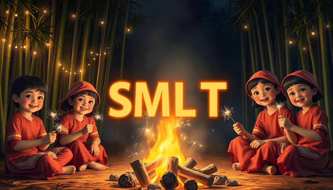 A digital painting of a group of Vietnamese children in traditional clothing sitting around a campfire at night. The children are holding sparklers and smiling. The background is a bamboo forest with lights hanging from the trees. The letters "SMLYT" are prominently displayed and illuminated in the center, like a movie screen. - Image