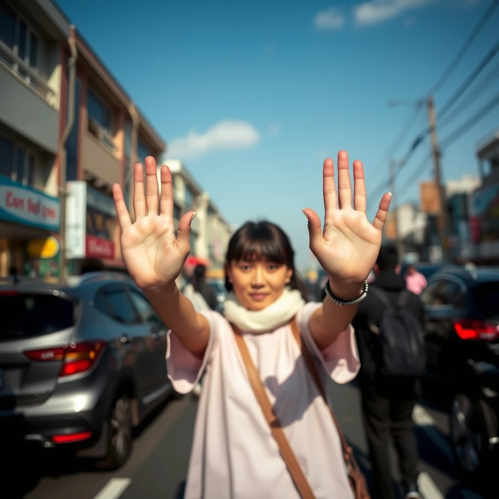 Asian woman holding hands out in middle of the street.