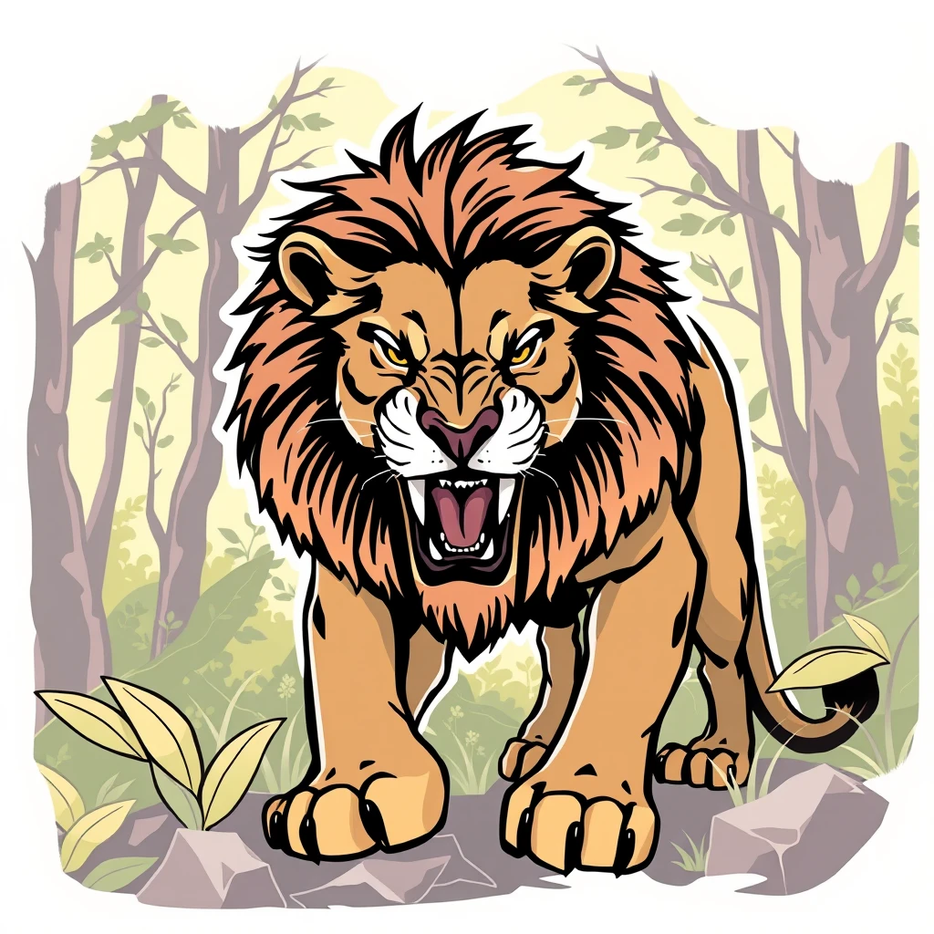 a aggressive lion in forest, vector sticker, contour, Traditional animation style, adobe illustrator, pure clean bright solid background