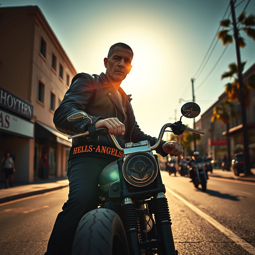 Frankenstein the Hells Angels biker rides down the street, dressed in leather, wearing a cowboy pistol belt. The noonday sun is bright, photo-realistic, leering, aggressive, 4k.