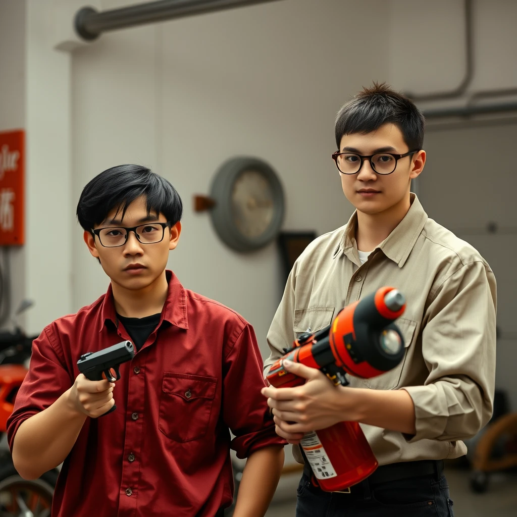 21-year-old white Chinese man wearing square glasses, long black hair, holding a pistol; 21-year-old white Italian man wearing round glasses and short hair holding a very large fire extinguisher flamethrower, garage setting.