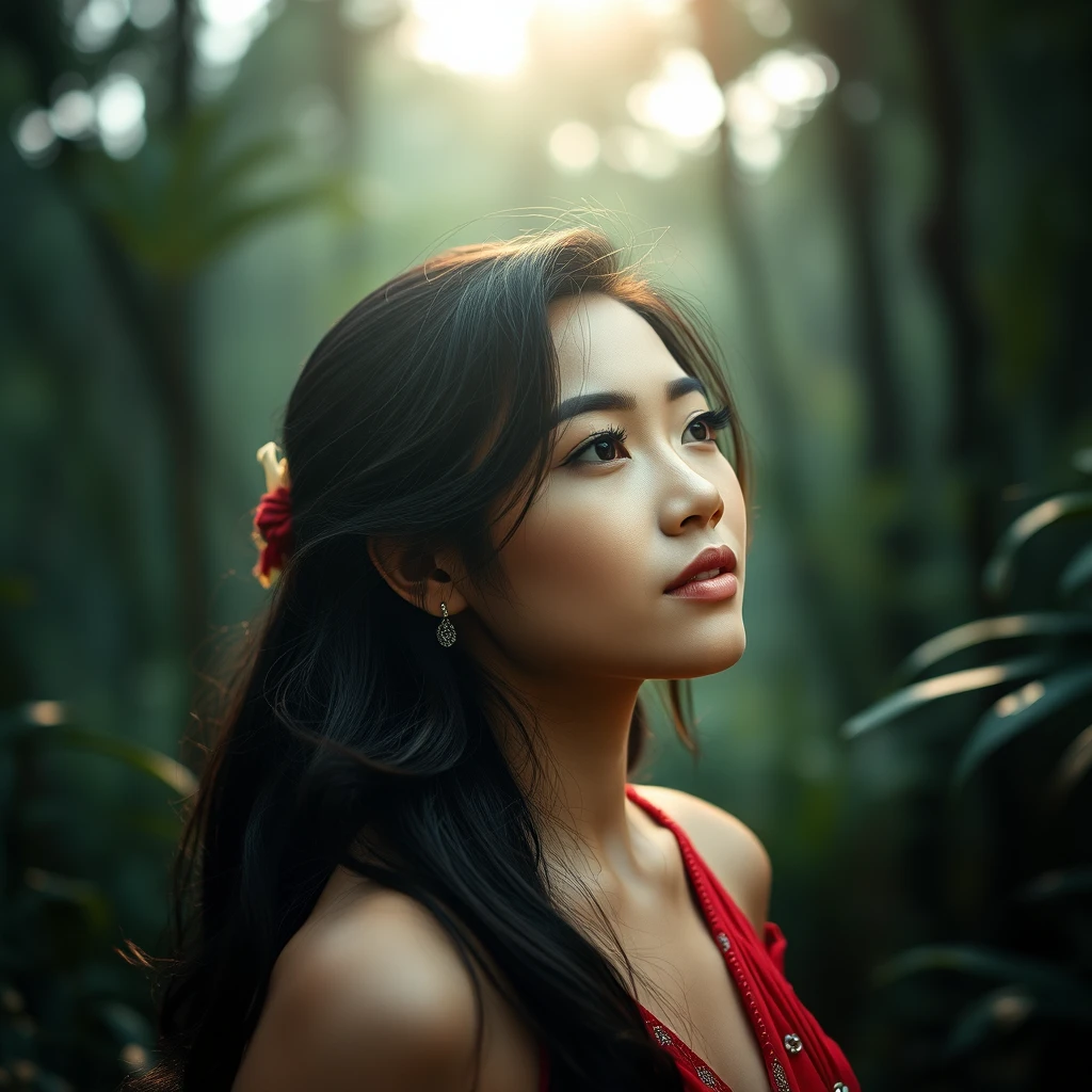 Immerse yourself in the captivating portrait of a stunning Thai woman in enchanting forests. This cinematic photoshoot, meticulously crafted, showcases her beauty with precision. Shot on a 25mm lens, depth of field and tilt blur create a compelling narrative. With settings like 1/1000 shutter speed, F/22 aperture, and calibrated white balance, the breathtaking 32k resolution reveals remarkable details. Super-resolution preserves nuances, while Pro Photo RGB enriches colors. Lighting techniques, from half rear to backlighting, accentuate elegance. Volumetric, Conte-Jour, and global illumination add depth. Scattering, reflections, and artistic elements enhance realism. Technical advancements like anti-aliasing and ambient occlusion refine quality. Prepare for an extraordinary blend of photography and CGI, where intricacy meets grace. –v 5.2 –style raw –ar 16:9 - Image