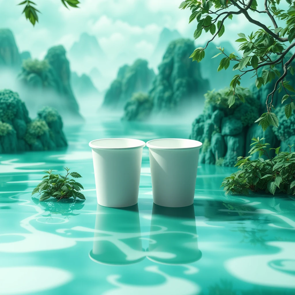 Paper cups surrounded by emerald landscapes, milky white transparent water, Chinese three-dimensional landscape painting, Chinese Song Dynasty landscape painting, blue theme, surrealist dream style, cream organic fluid, light tracing, foreground occlusion, natural light, jungle, c4d, OC rendering, product photography.