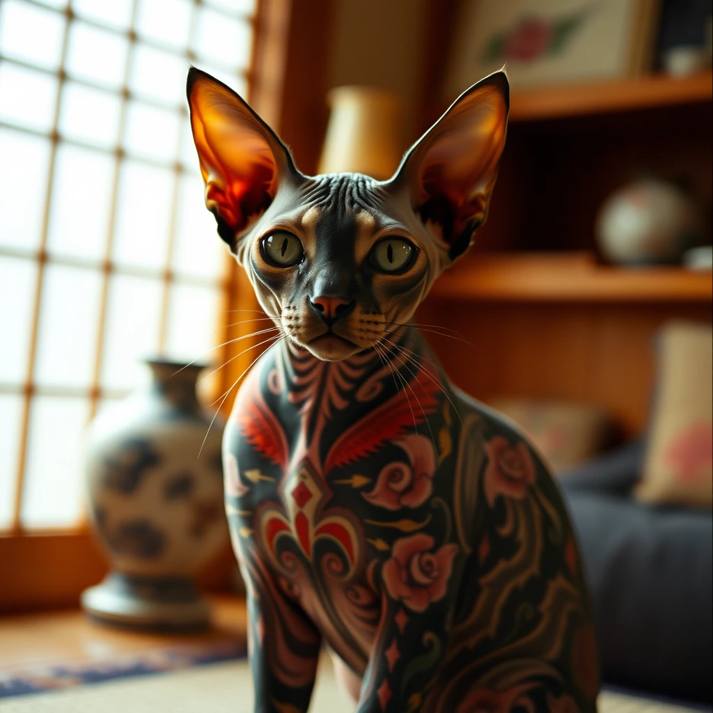 Photograph of a yakuza hairless sphinx cat with colorful Japanese tribal irezumi tattoos, sitting in a Japanese room, warm light, taken with a medium format camera.