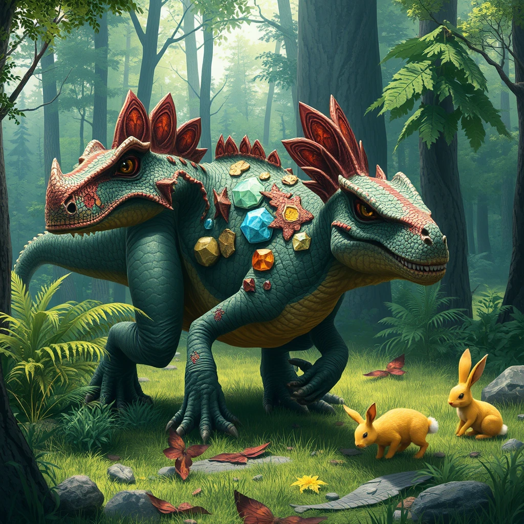 A battle-torn dinosaur with patches of prismatic scales roaming a lush forest, tracking a cute yellow bunny. - Image