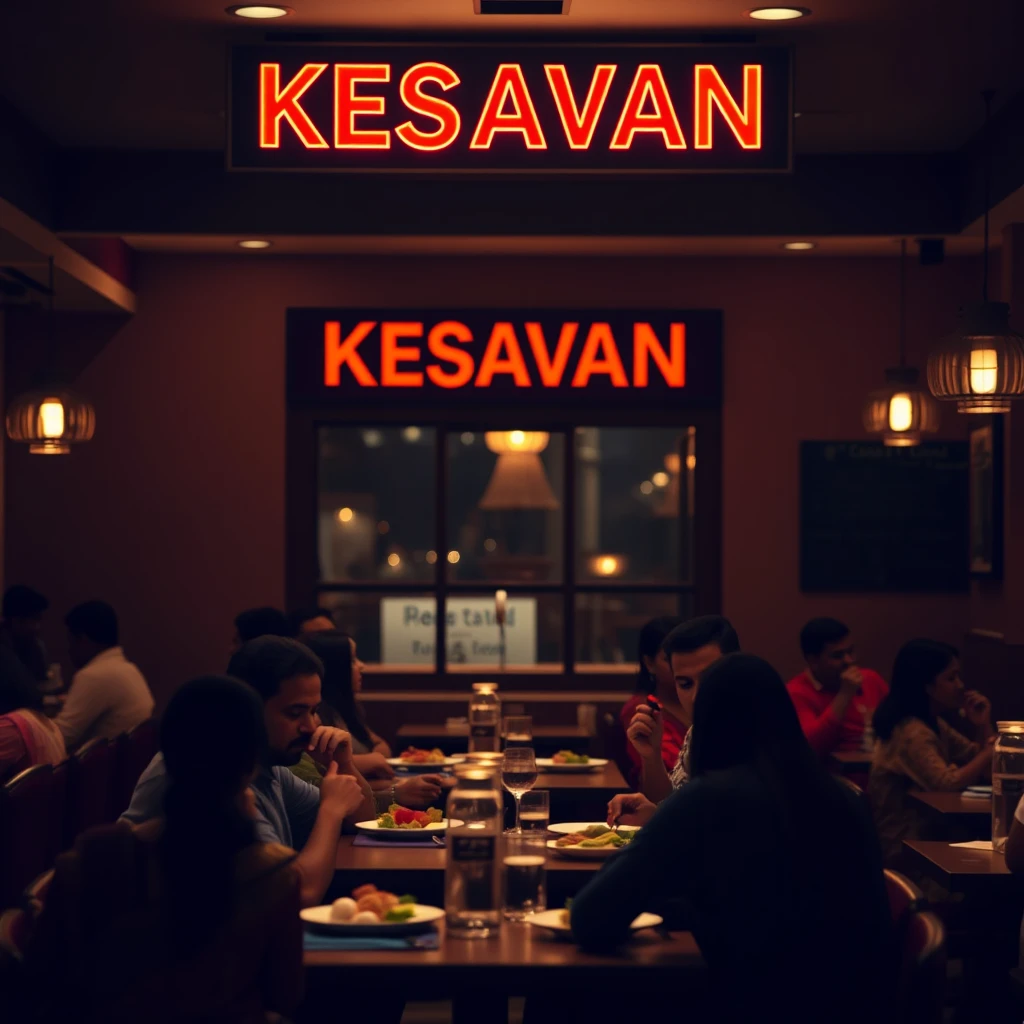 Scenery of Indian people eating in a minimalist traditional aesthetic Chattinadu interior Indian restaurant with signage reading "KESAVAN," bokeh, golden hour, dark blue and maroon theme color.