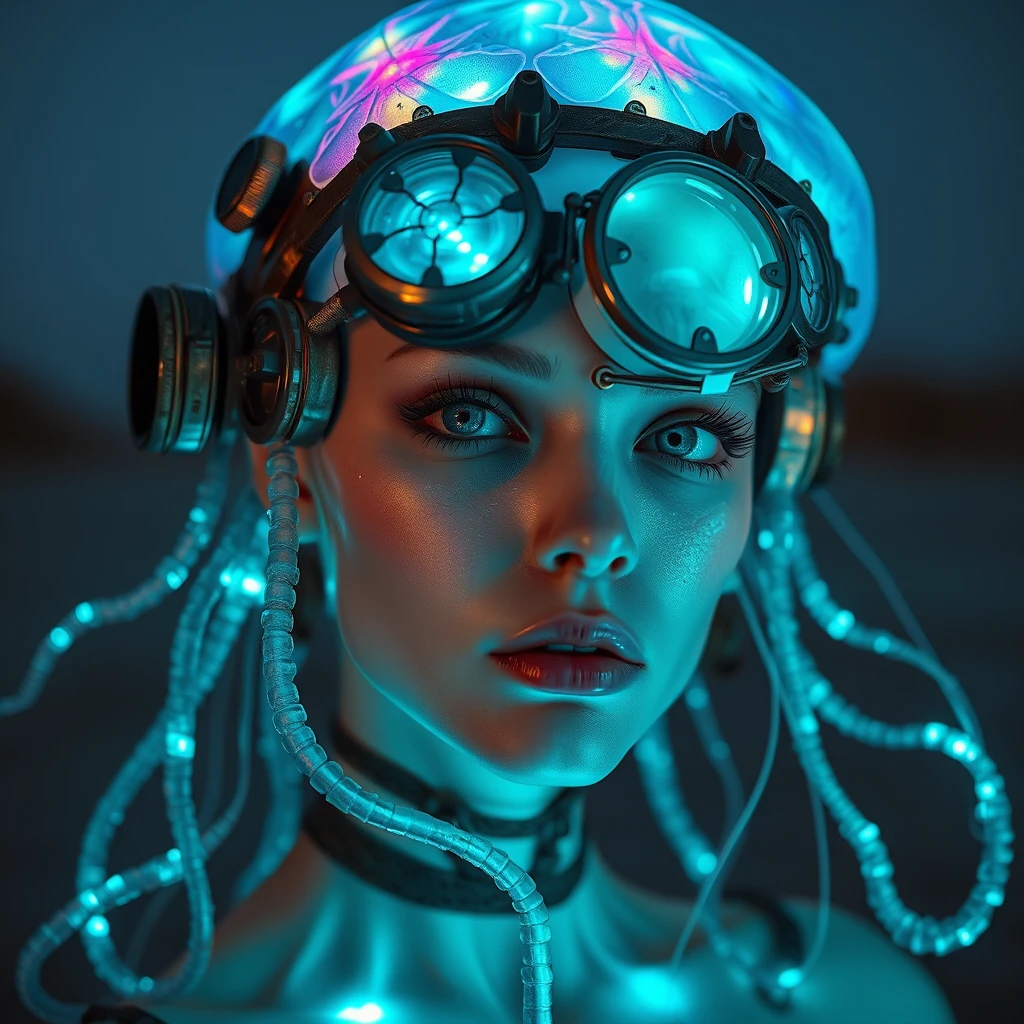 A ethereal cyborg female adorned with bioluminescent jellyfish headgear.  
Steampunk-style goggles merge with translucent tentacles.  
Broken porcelain skin encounters rainbow-like scales.  
Mechanical implants intertwine with delicate tendrils.  
Human features exhibit an extraordinary glow.  
Dreamlike underwater colors contrast with weathered metal.  
Reflective eyes capture the invisible world.  
Soft bioluminescence meets a harsh desert backdrop.  
A fusion of organic and synthetic, ancient and futuristic.  
Ultra-detailed textures, surreal atmosphere. - Image