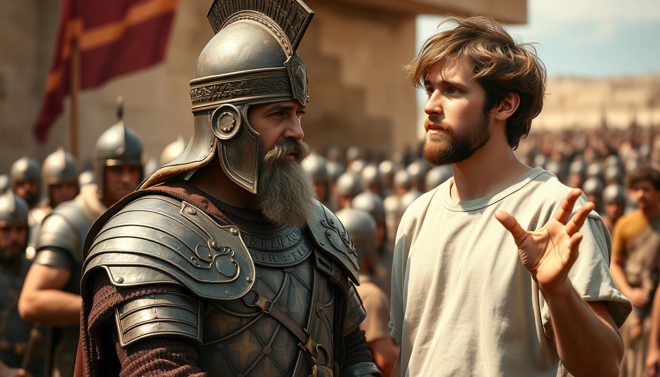 Create an image of two men arguing while onlookers crowd around. The man on the right is a young man with messy hair and a short beard and is wearing just a simple biblical-era shepherd’s tunic. The young man is gesturing with his right hand, palm facing skyward, as if he is explaining something to a middle-aged Mesopotamian king, who is wearing a full suit of Bronze Age Mesopotamian armor, including a helmet with a pointed tip. The armor is made up of layers of laminated strips of bronze. The background shows a blurred crowd of soldiers also wearing armor similar to the king. Further in the background, on the horizon stands a blurred gathering of a large biblical-era army.