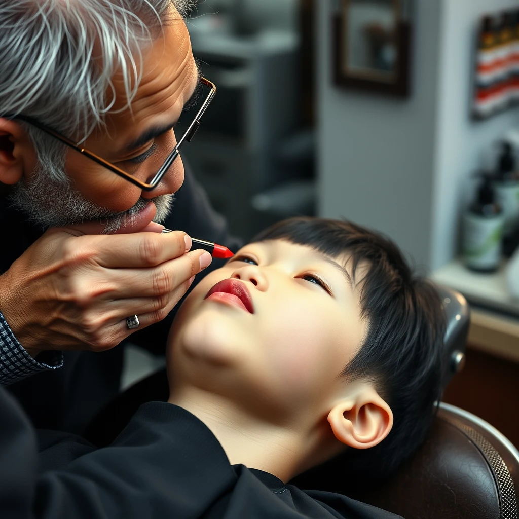 Portrait, facial shot, an elderly barber is applying lipsticks to a 12-year-old Korean girly feminine boy lying on a barber chair.