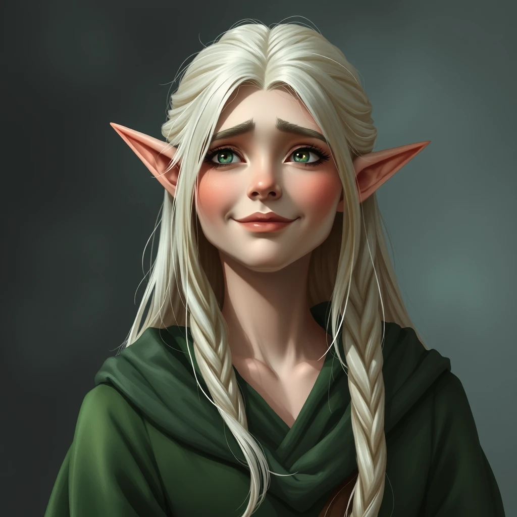 --no cartoon, painting, drawing, animated. premium portrait photography. ultra realistic. a female elf. platinum blonde hair. happy but tired expression on her face. wearing long green robes. tall and regal.