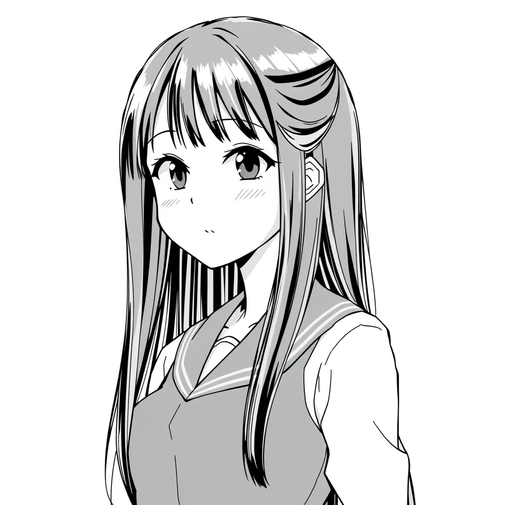 Girl with long, straight, black hair, tall, slim, average breast size, 20 years old, wearing a school uniform. Manga style, grayscale. - Image