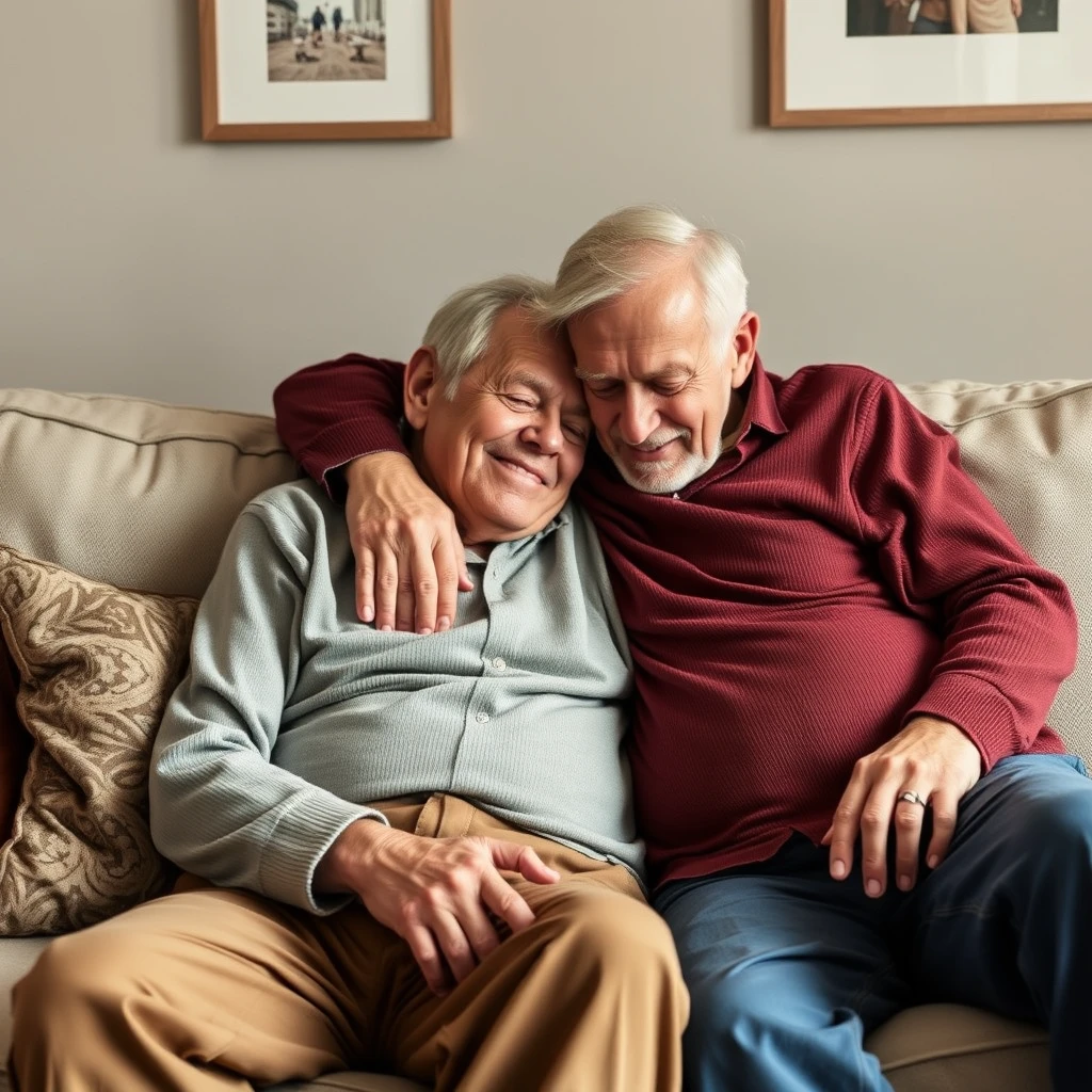 Old men hugging on couch. - Image