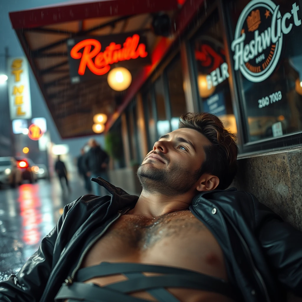 A handsome guy is outside a restaurant, in a storm, lying on the ground, soaked.