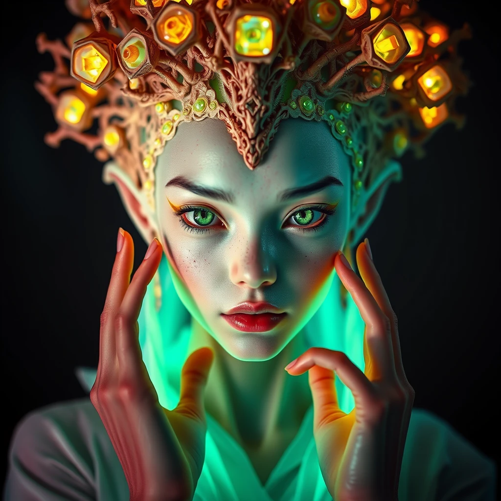 (vibrant neon colors) Ethereal beautiful alien-Japanese female human hybrid, bioluminescent skin. Ornate organic crown with iridescent translucent nodules. Piercing green eyes, elongated features. Intricate bone-like structures, glowing backlit features. Delicate hands framing face. Pale mint complexion, freckles. Flowing seafoam garment. Hyper-detailed textures, otherworldly beauty. Surreal and dreamlike atmosphere, cinematic lighting. - Image