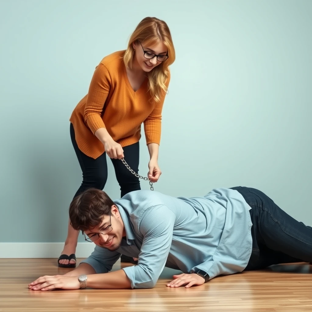 Can you generate an image of a woman standing while holding a chain connected to a collar that a man is wearing while crawling on the floor? The man is wearing glasses and smiling. He is young and a little plus-sized and both subjects are of Caucasian descent. Please show both people. - Image