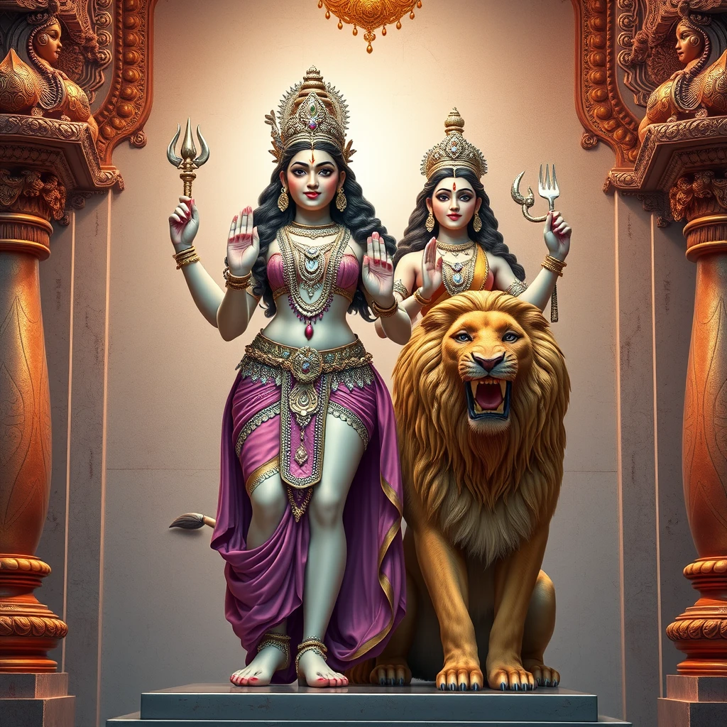 sexy looking youthful goddess Kamakshi with four arms, standing next to loving male lion on temple altar - Image