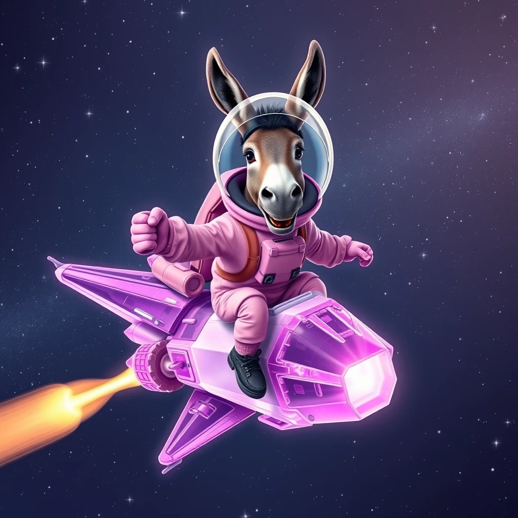 An ambitious donkey wearing pink astronaut costume, riding on a crystal light purple stunning spaceship, making a punching gesture, flying to the outerspace under a clear night sky with lots of shining stars. Realistic style.