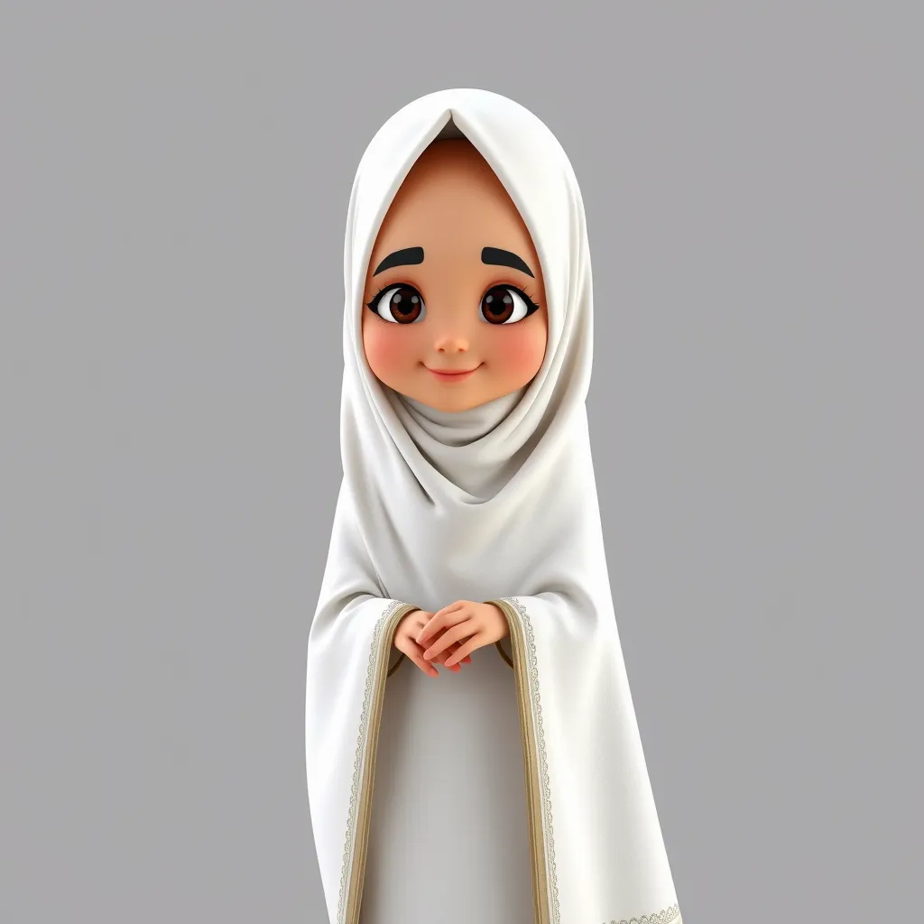 "Create a 3D animated cartoon of a Muslim woman from Palembang wearing a long white gamis. The character should be highly detailed with 8K resolution. Focus on traditional Palembang features and cultural elements." - Image