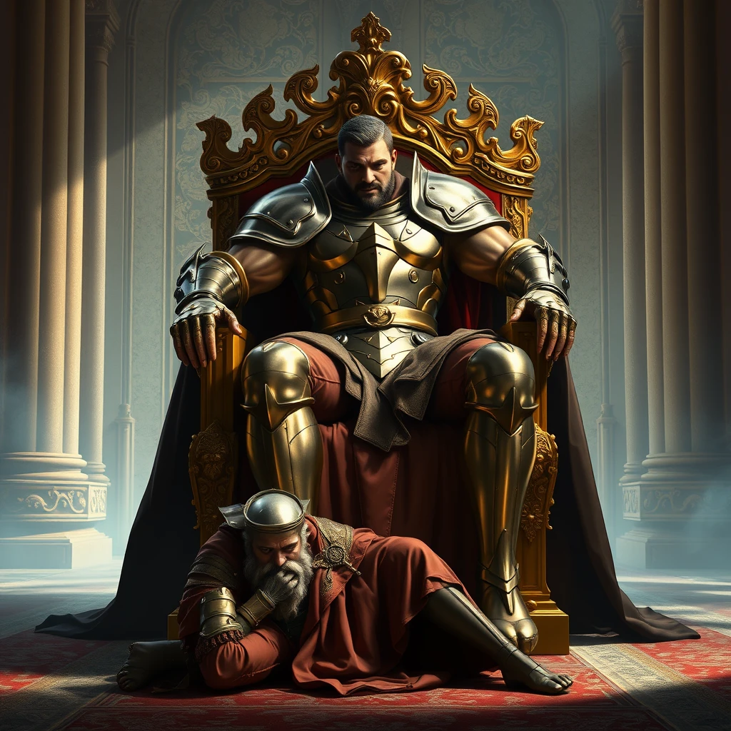 The image depicts a scene of stark contrasts and brutal usurpation. A handsome, powerfully built man, clad in gleaming, expertly crafted armor, sits sprawled upon a golden throne, a picture of arrogance and ill-gotten power. The throne, a symbol of legitimate rule, is now occupied by a usurper, his posture radiating a blatant disregard for tradition and decorum. At his feet, kneeling in abject defeat, is the rightful king, his head bowed low, his regal attire a stark contrast to the triumphant posture of the man who has seized his power. The scene is bathed in the cold, harsh light of the palace, casting long shadows that accentuate the drama and injustice of the moment. This is not a king who earned his throne through lineage or valor, but one who has taken it by force, a fact plainly evident in his smug expression and the defeated figure at his feet. - Image