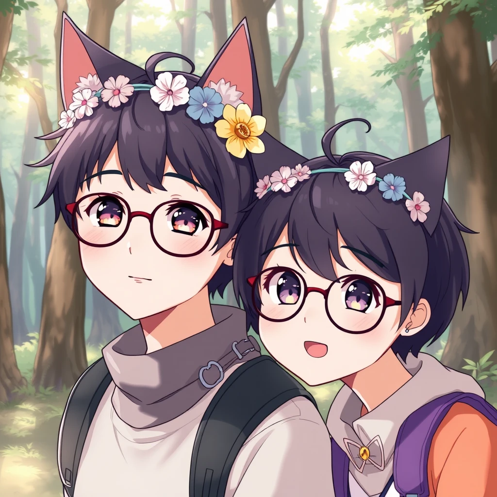 cute anime boy college student with cat ears, pastel, wearing glasses and a flower crown. They are in the forest.