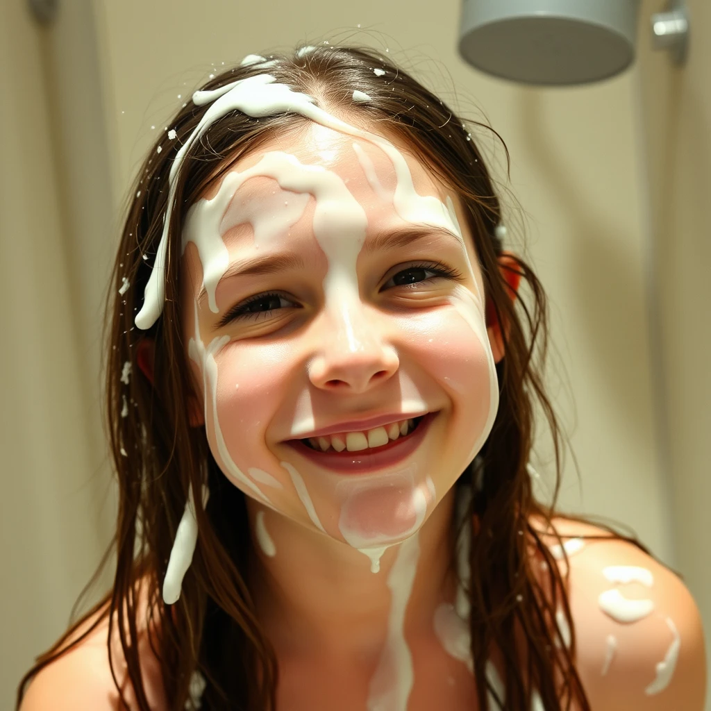 A girl smiles sheepishly in the summer camp shower room after she accidentally spurts translucent skincare goo all over her face and hair. - Image