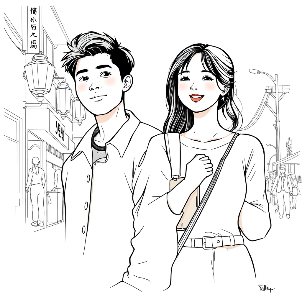 Asian young couple's daily life, handsome tall boy. Line art. - Image