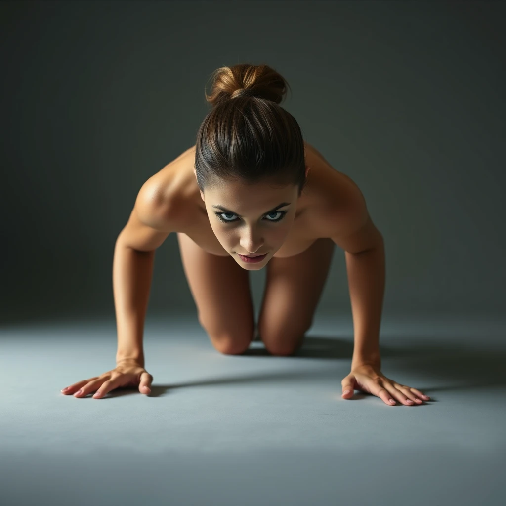 Nude woman on her hands and knees crawling toward the camera. - Image