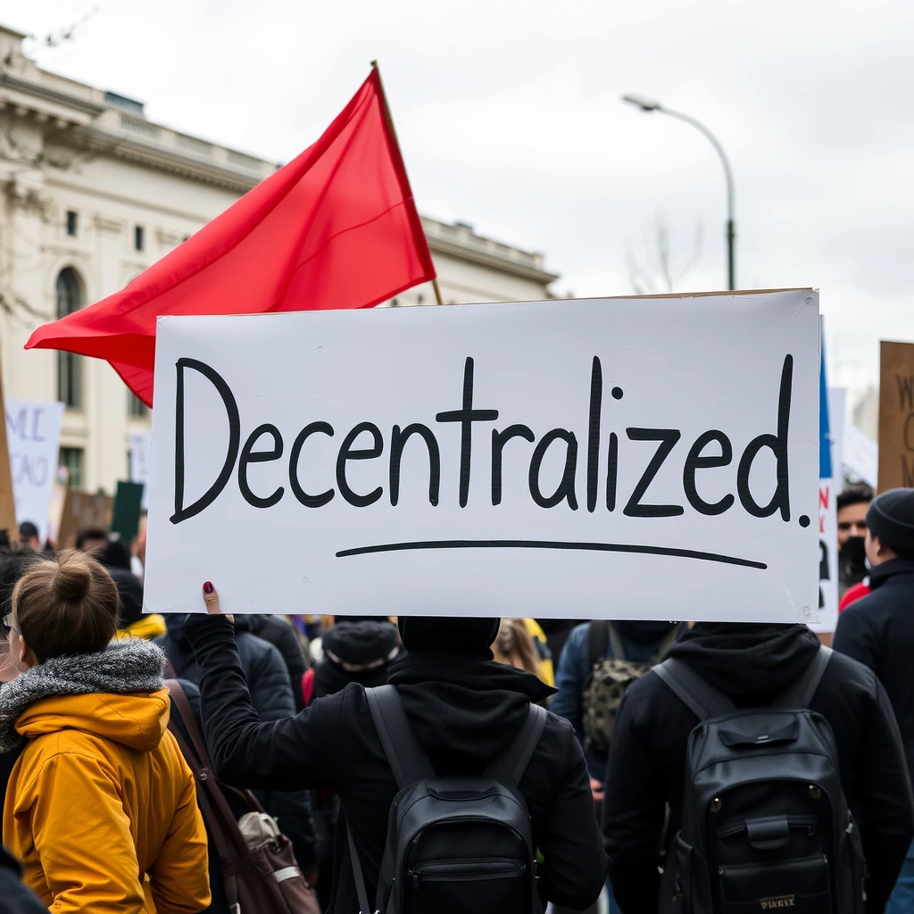 Protesters carry a sign that says "Decentralized". - Image