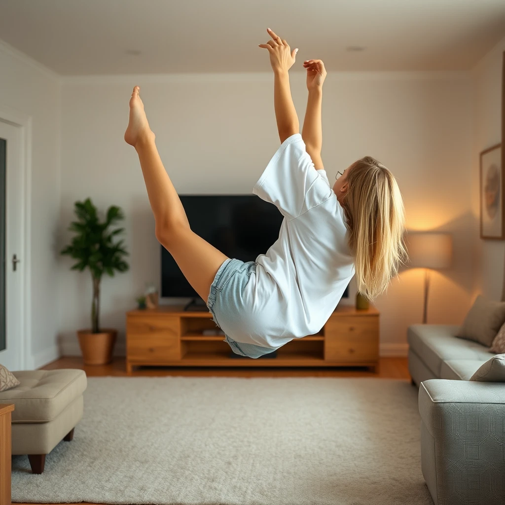 Side view angle of a blonde skinny woman who is in her massive living room wearing a massively oversized white t-shirt, which is also very off-balance on one of the sleeves for the shoulders, and wearing oversized light blue denim shorts. She is wearing no shoes or socks and is facing her TV. She dives headfirst into it with both her arms raised below her head and her legs high up in the air, at a 60-degree angle, and she is already halfway through the TV screen.