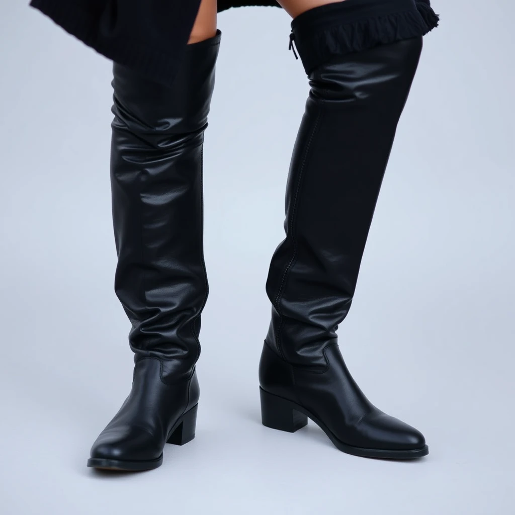 "A girl wearing black over-the-knee boots, real HD."