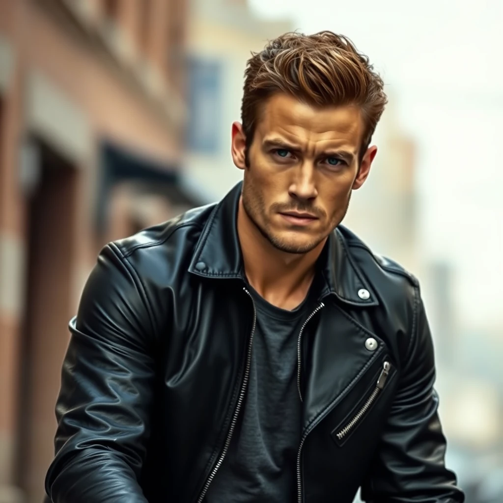 Jamie Dornan, handsome, black leather jacket, hyper realistic