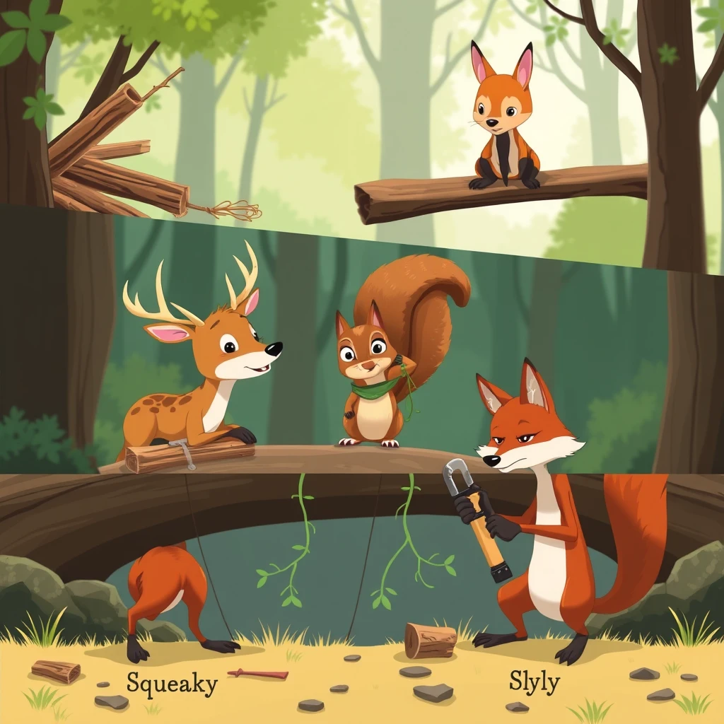 A dynamic split-screen showcasing the forest animals in action: the deer, named Daisy, gathering wood, the squirrel, named Squeaky, securing vines, and the fox, named Sly, using tools, all contributing to the bridge repair.