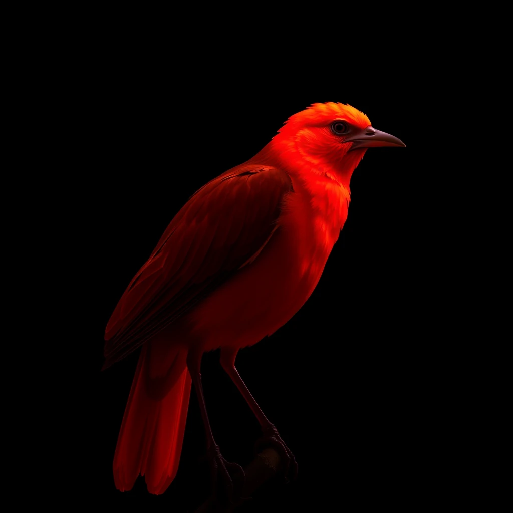 A glowing red bird, with a black background, its whole body, standing on a branch.