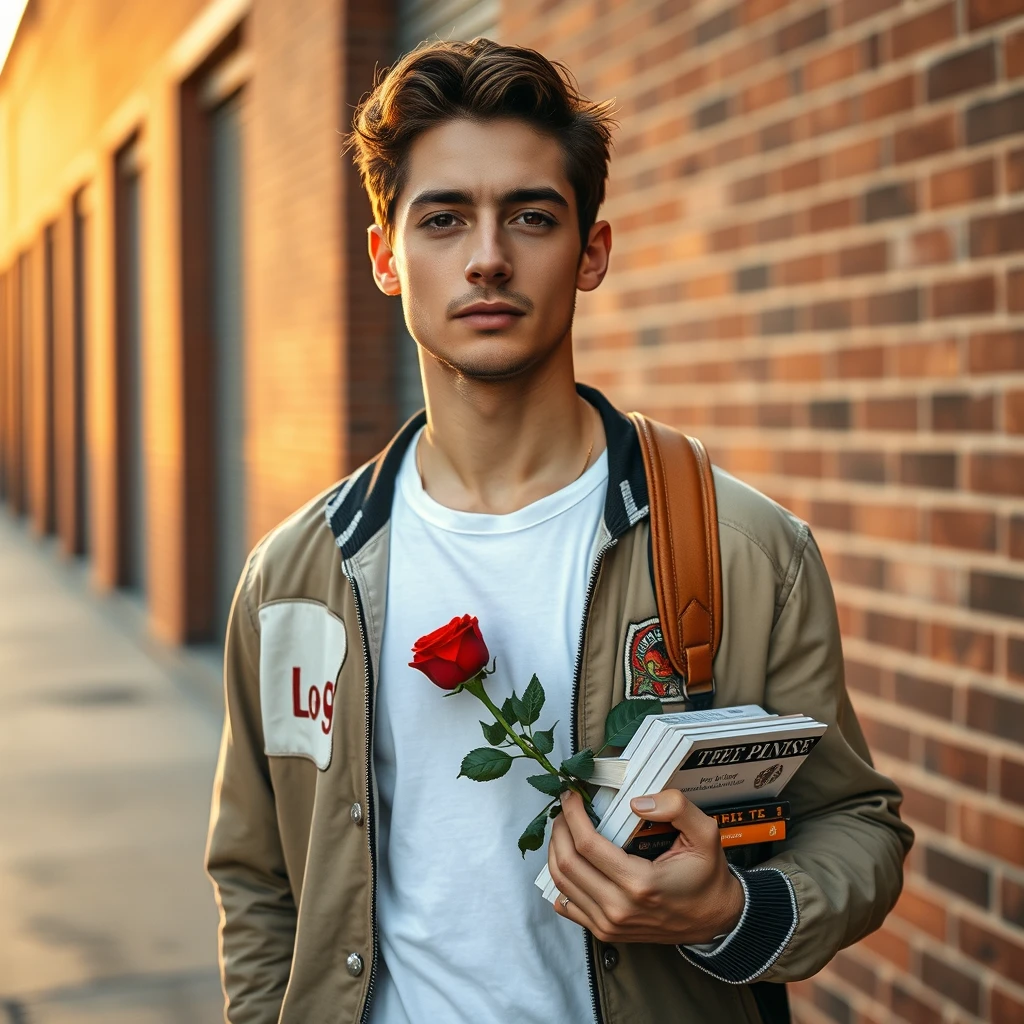 Freddie Prinze head and body shot, handsome, young, serious face, white T-shirt, collage jacket, skinny jeans, sneakers, holding a red rose and some books, hyper-realistic, street photography, brick wall, full body photo, sunrise.