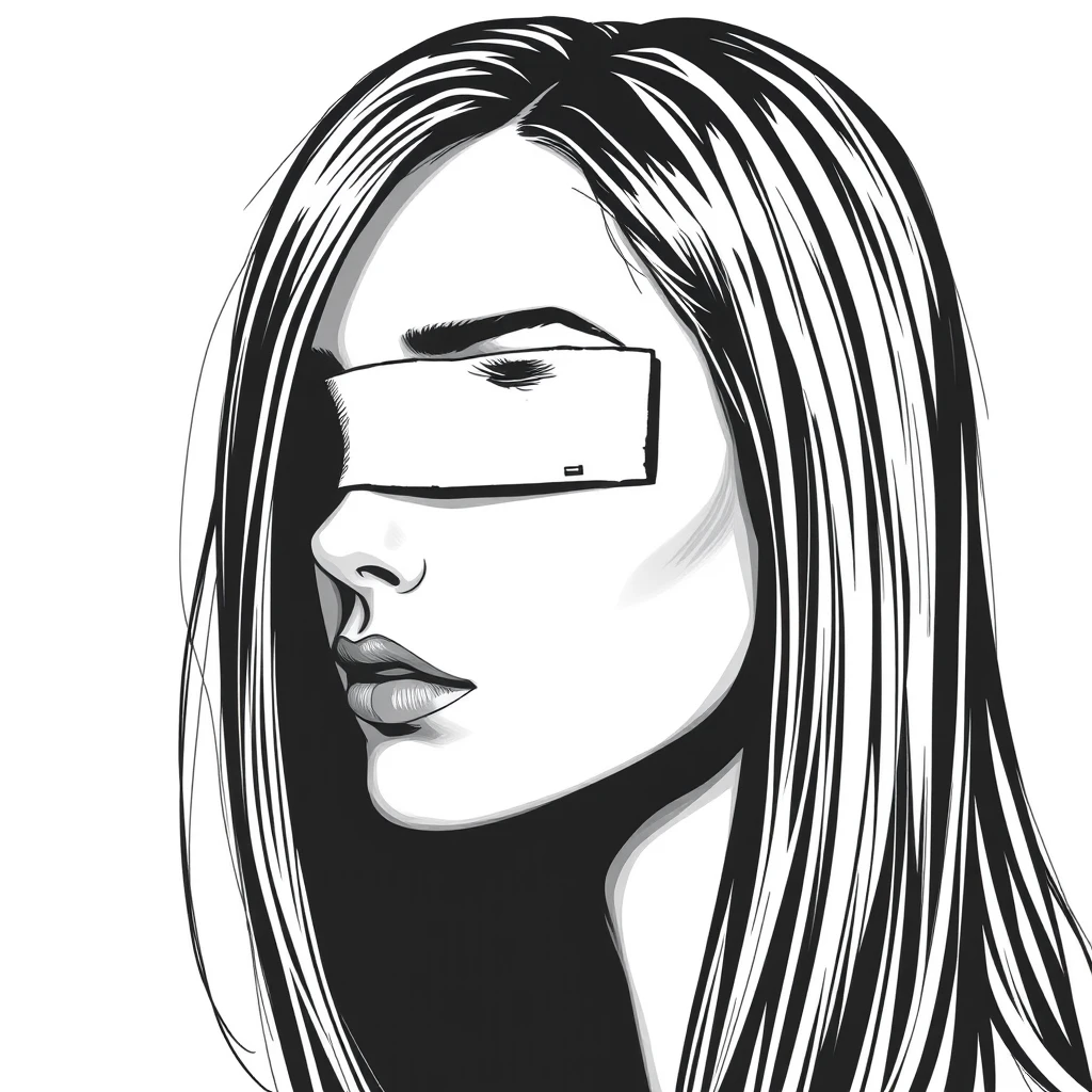 Blind Justice female face, side face, Straight hair, black and white color - Image