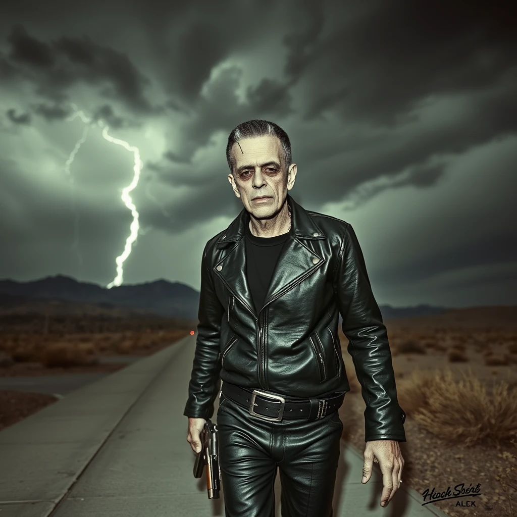 Boris Karloff as Frankenstein the Hells Angels biker walks down the sidewalk, dressed in leather, wearing a Colt 45 pistol; a storm is coming across the desert, photo-realistic, aggressive, 4k.