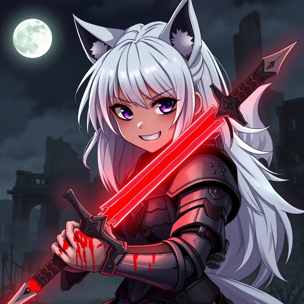 Anime girl with medium white hair, wolf ears, and a tail, possessing purple eyes and an evil grin on her face, holding a sword that is glowing light red and covered in blood. The girl is wearing armor. Old ruins can be seen in the background; it is dark and foggy, and a full moon is in the sky. - Image