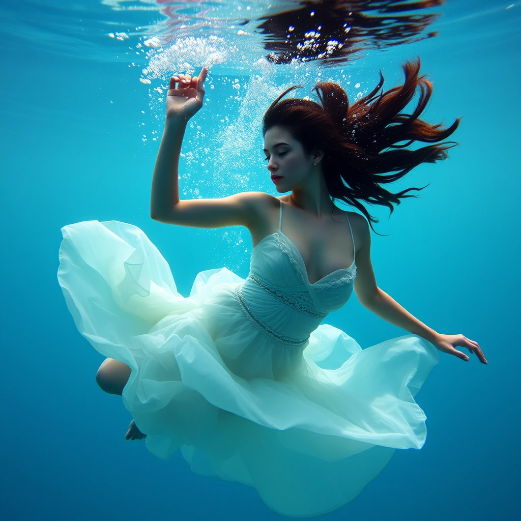 A symbolic photo: A young woman dancing underwater. Life and sensitivity.