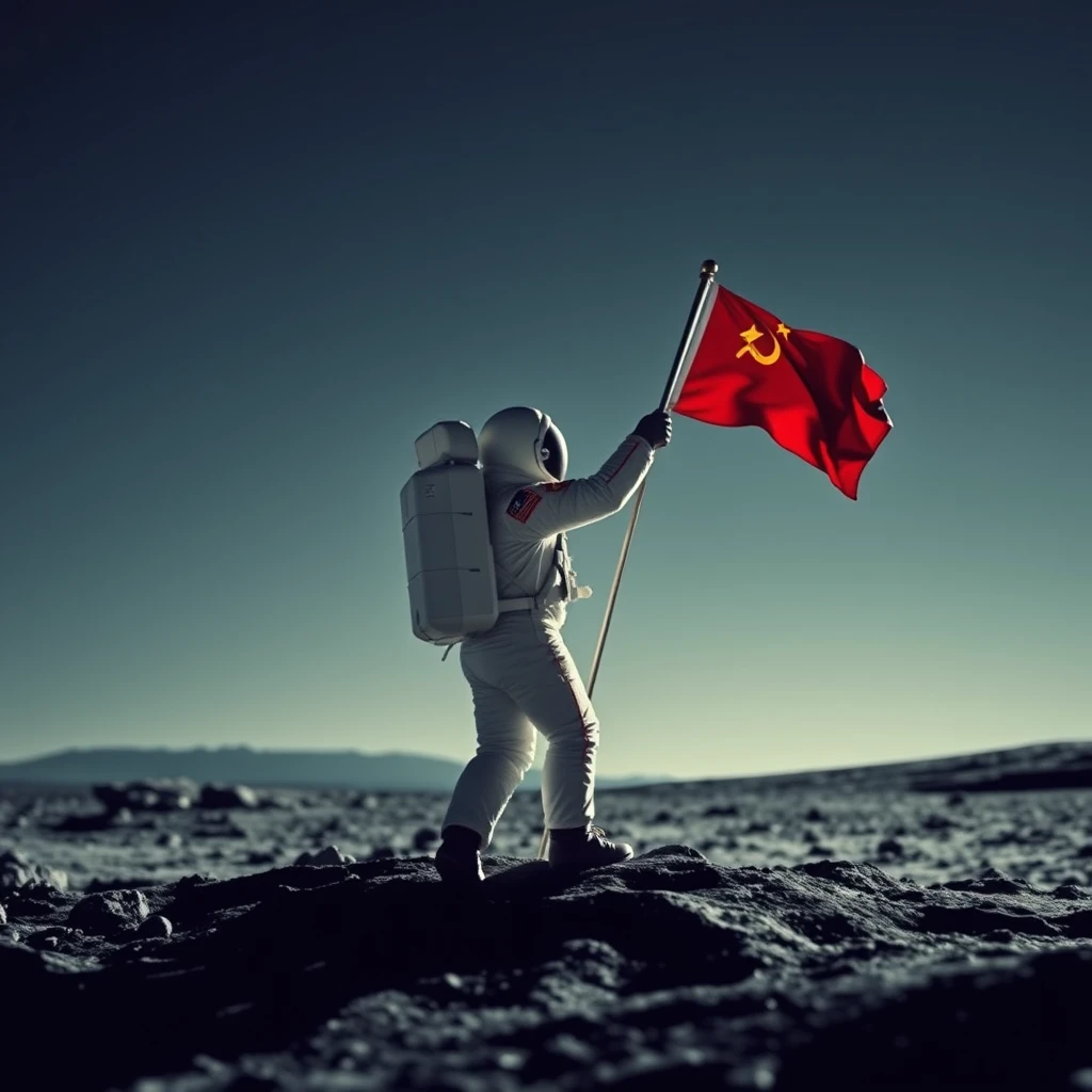 Cosmonaut putting the flag of the Soviet Union on the Moon