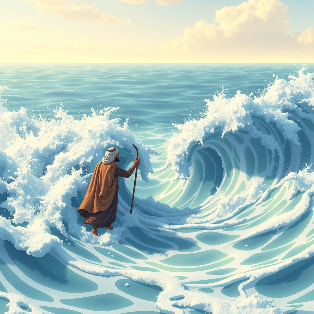 An ancient Arabian man split the sea into two parts so that the waves were very high to the left and right, animation.