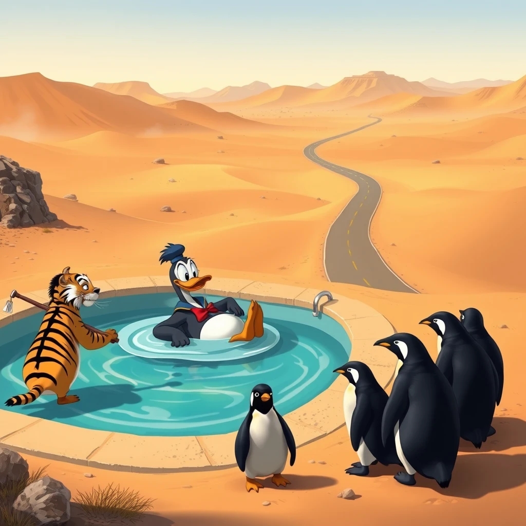 In an endless desert, a donkey and Donald Duck are very cozy lying in a clear swimming pool. Two tigers with halberds stand around the pool as guards. Not far from the swimming pool, there is an endless road, where a few penguins are heavily burdened on the road. The duck and donkey are mocking the penguins.