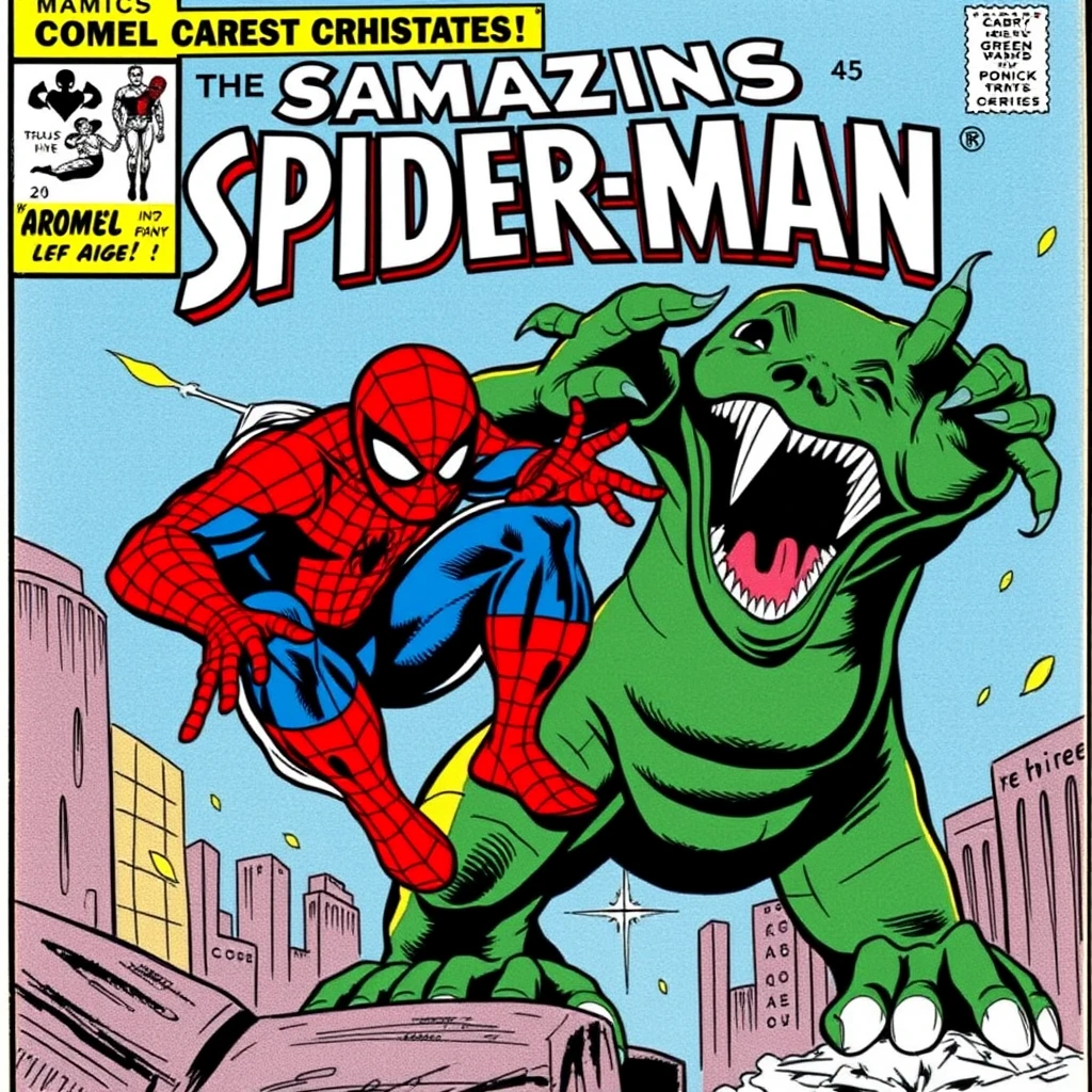 Front of a Spider-Man comic from 1965 vs the green blob monster