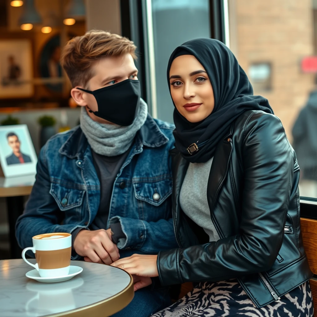 Jamie Dornan's head and body shot, handsome, face mask black, blue jeans jacket, jeans, dating love with grey hijab Muslim girl, beautiful eyes, face mask black, black leather jacket, biggest tiger pattern skirt, at cafe, 2 cups of latte on a table, photorealistic.