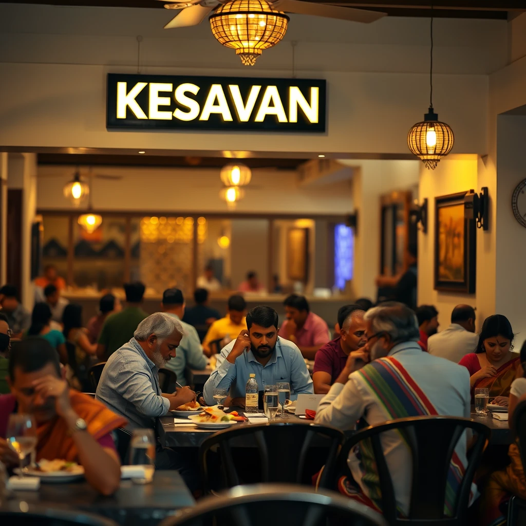 Scenery of Indian people eating in a minimalist traditional aesthetic Chettinad interior Indian restaurant with signage reading "KESAVAN", bokeh, golden hour, white and dark blue and maroon theme colors.