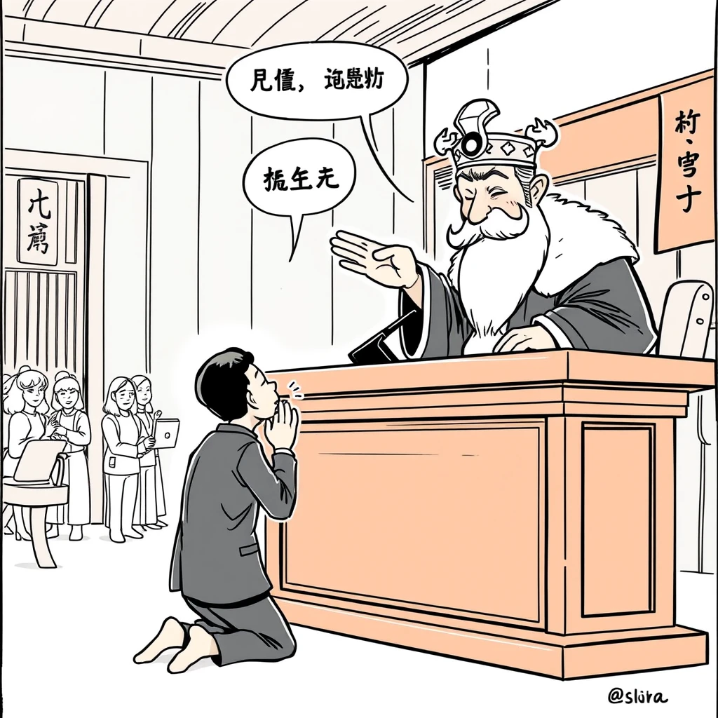 Asian comic, line art, a man kneels before the judge and is crying. The Chinese judge held out his hand and said very sneeringly: "Give me 50,000 first."