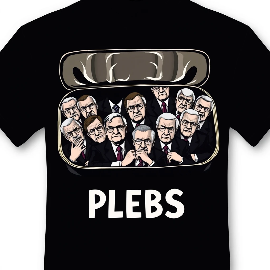 A playful tee shirt design featuring an open sardine can filled with lively, wealthy older gentlemen packed shoulder to shoulder in business suits, all scowling, with the text "PLEBS" underneath. View from the front. - Image