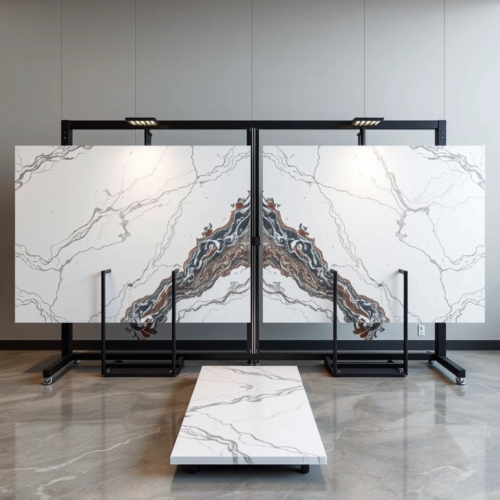 Smart, stylish automated carrier-cum-display system that holds 2 large 4 meter sized, polished marble panels such that one horizontal panel and one vertical marble panel, together form a large L-shaped configuration, in the pattern matching orientation, in a professional yet cheerful setting.