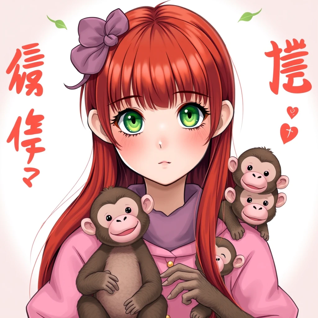 Beautiful redhead girl with bangs, green eyes, long hair, pink cute clothes, and monkeys.