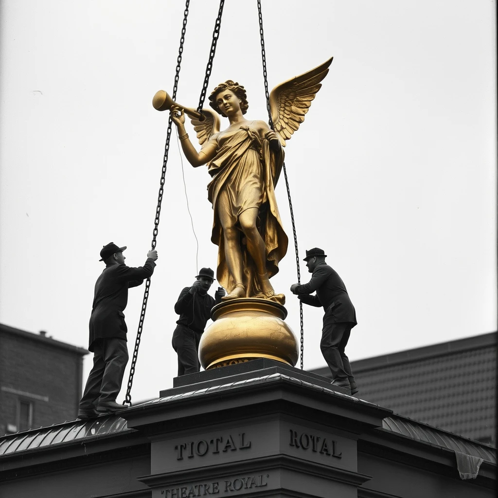 A highly detailed photograph depicting four men removing an 8-foot tall gilt statue of 'Victory', who is holding an angel horn and standing on a small ball, from the roof of the 'Theatre Royal' in Chatham, 1920. It's raining, dark and overcast. - Image